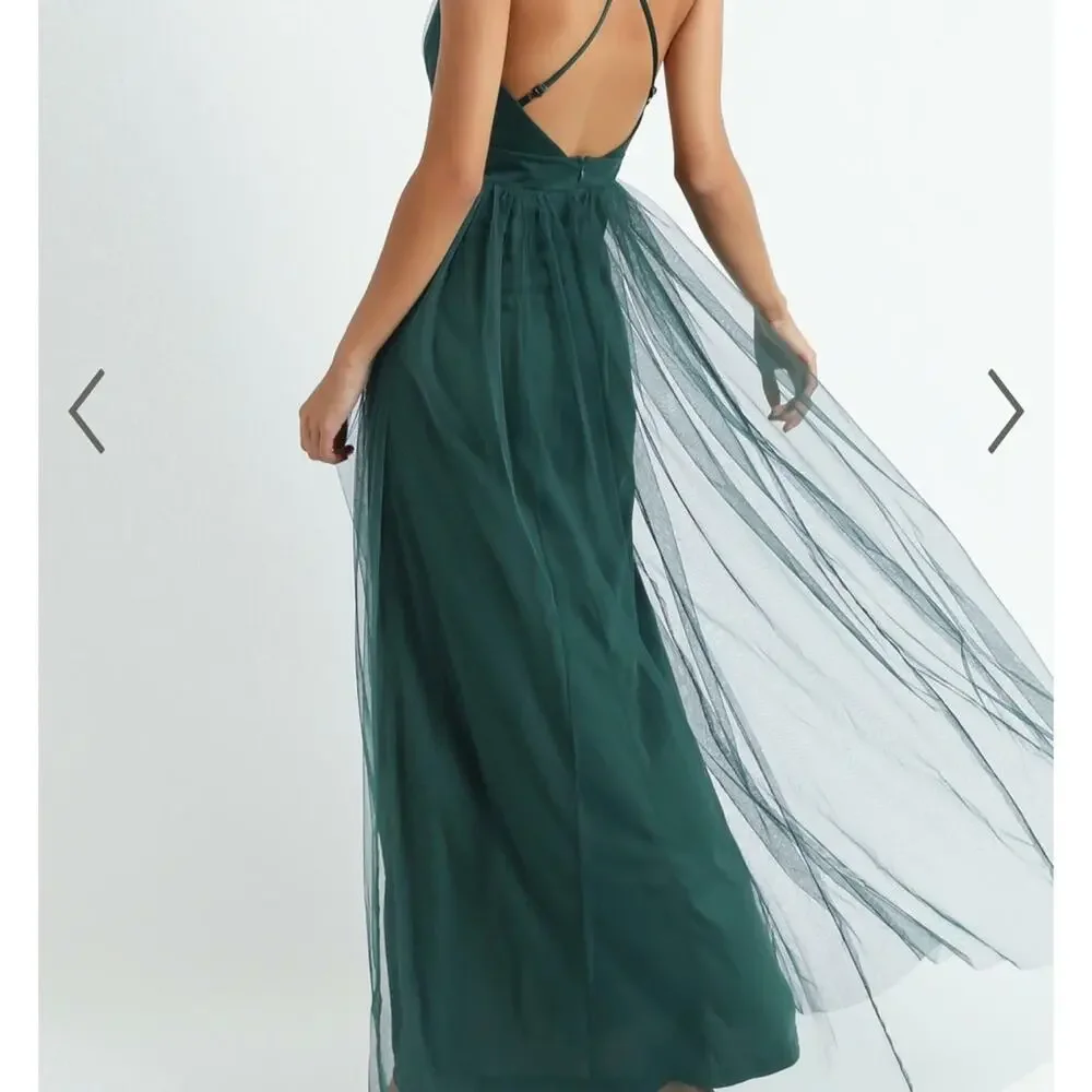 NWT Showpo Women's Like a‎ Vision Emerald Mesh High Slit Spaghetti Strap Gown 8 - Picture 6 of 11